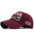 Macro detail of wine red vintage baseball cap featuring white wave and 1932 side embroidery - Adjustable / Burgundy
