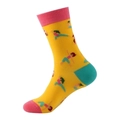 Colorful yoga pattern mid-calf socks with yellow body and contrasting pink cuffs - 885 Yoga