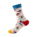White mid-calf cotton sock with blue cuff and colorful skiing athlete pattern - 886 Skiing
