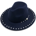 Dunkelblauer Wollfilzhut mit eleganten Perlen und breiter Krempe für modebewusste Damen - Dunkelblau