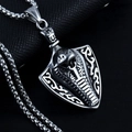 Vintage silver cobra shield necklace with hexagram cross motif on black leather - Cobra Shield + Steel Chain