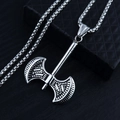 Vintage stainless steel double-headed axe pendant necklace on dark jewelry box - Double Axe + Steel Chain