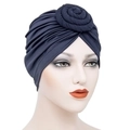 Navy blue milk silk turban hat featuring a 3D pleated rose knot design for women - Navy Blue