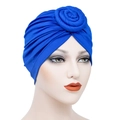Women's dark blue milk silk turban hat with elegant 3D rose flower knot detail - Royal Blue