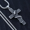 Silver vintage cross necklace with snake pendant and thick box chain for men - Snake Cross + Steel Chain