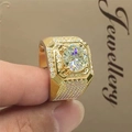 Luxury gold square ring with large round crystal and micro-paved diamonds for women - US 8 / Gold