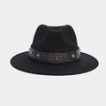 Detail of black fedora hat featuring a bull head metal buckle and turquoise beads strap - M (56-58cm) / Retro Metal Bull Head Leather Belt Style