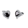 Macro shot of silver stud earrings with heart-shaped black zircon and white halo crystals - Black
