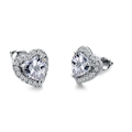 Close-up of heart-shaped zircon stud earrings with silver halo and butterfly backs - White Gold