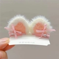 Plush cat ear hair clips with pink bows for girls, pair of cute white furry hairpins - One Pair / Korean Pink