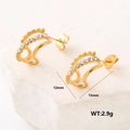 Golden 304 stainless steel earrings with white zircon on white stone, 15mm size - Curved Zircon Style (AMLEH201)
