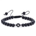 Adjustable 6mm matte agate bead bracelet with silver-tone letter N charm in black weave - Letter N