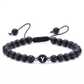 Adjustable 6mm matte black onyx beaded bracelet featuring a white letter Y center charm - Letter Y