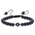 Detail of 6mm matte agate bead bracelet with woven cord and letter F charm - Letter F