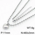 Silver stainless steel bead necklace with 11mm 3D heart pendant and lobster clasp - Steel Color Necklace (KN234397-Z) / Steel