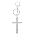 Silver vintage cross keychain with white rhinestones and metal loop on white background - Silver