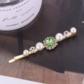 Elegant gold hairpin with green gemstone and pearls on a vintage minimalist background - Light Green (G8104)
