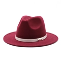 Detailed texture of burgundy wool fedora hat with light gray ribbon and metal buckle - M (56-58cm) / Burgundy
