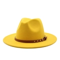 Detailed close-up of ginger yellow wool fedora featuring a brown faux leather belt buckle - M (56-58cm) / Yellow