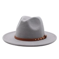 Detail of light gray fedora hat with brown leather band and gold rivet accents - M (56-58cm) / Light Gray