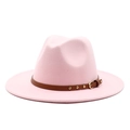 Light pink wool fedora hat with a brown leather belt buckle band for women and men - M (56-58cm) / Pink