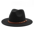 Close-up of black wool fedora with brown faux leather band and gold metal buckle detail - M (56-58cm) / Black