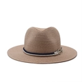 Classic light brown woven straw Panama sun hat with navy rope and silver anchor pendant - M (56-58cm) / Pink
