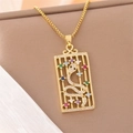 Snake pendant necklace with diamonds and colorful gems in a golden rectangle frame - Golden Box Chain