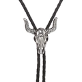 Vintage Bullen-Schädel Bolo-Krawatte mit schwarzer Lederkordel und Silber-Finish - Gebogener Horn Stierkopf Antiksilber