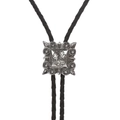 Vintage Silber Bolo Tie mit quadratischem Phönix-Anhänger und schwarz geflochtener Lederkordel - Quadratisches Laubmuster Antiksilber