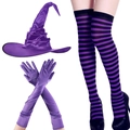 Halloween heksenset met een geplooide hoed, satijnen handschoenen en paars gestreepte sokken - Eén maat / Paarse Sieradenset