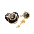 Luxury black and gold baby pacifier with rhinestone crown and letter L initial clip - Letter L