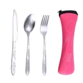 Stainless steel flatware set with engraved handles and rose red portable pouch - 3-Piece Set (Knife Fork Spoon) / Red Floral Set