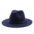 Close-up of wool felt fedora hat featuring a black decorative band and gold metal rivets - M (56-58cm) / Navy Blue