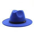 Close-up of royal blue wool fedora hat featuring black leather belt and gold rivets - M (56-58cm) / Sapphire Blue