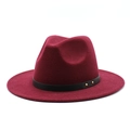 Detail of burgundy wool fedora hat featuring black leather belt and gold metal rivets - M (56-58cm) / Burgundy