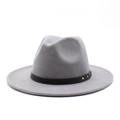 Detail of grey wool fedora hat featuring black leather band and golden metal rivets - M (56-58cm) / Light Gray