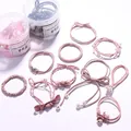 Pink elastic hair tie set including ribbon scrunchies and pearls in a storage jar - 40# Cute Pink 10-piece Set