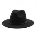 Detail of black wool fedora with dark brown leather strap and gold buckle accent - M (56-58cm) / Black