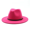 Detail of rose red wool fedora hat featuring a brown leather band and bronze buckle - M (56-58cm) / Rose Red
