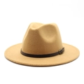 Classic wide brim fedora hat in camel with faux leather band and metal buckle - M (56-58cm) / Camel