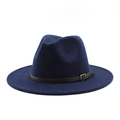 Detail of dark blue wool fedora with brown leather band and gold metal buckle close-up - M (56-58cm) / Navy Blue