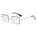 Stylish rimless rectangle sunglasses with blue-pink gradient lenses and gold metal temples - Gold Frame Blue Pink