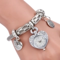 Elegant heart-shaped quartz watch bracelet with rhinestones and engraved pendants - Silver