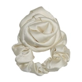 Elegant cream-white satin rose flower scrunchie hair tie with a glossy finish - Ivory