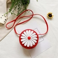 Cute red circular kids crossbody bag with white daisy flower detail in PU leather - Red