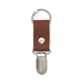 Detail of brown PU leather hat clip for travel bag with silver metal ring and clasp - Brown