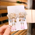 Traditional flower hair clip with pink and blue beaded tassels for girls Hanfu dress - Ancient Gold Bell Style