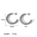 Detailed specs of twisted C-hoop silver earrings showing 30mm diameter and 4mm thickness - Silver Thick Twisted Rope C Earrings (TE6247-S)