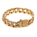 Polished golden stainless steel Cuban link bracelet with engraved skull box clasp - 22cm / Gold Style (KB43900-D)
